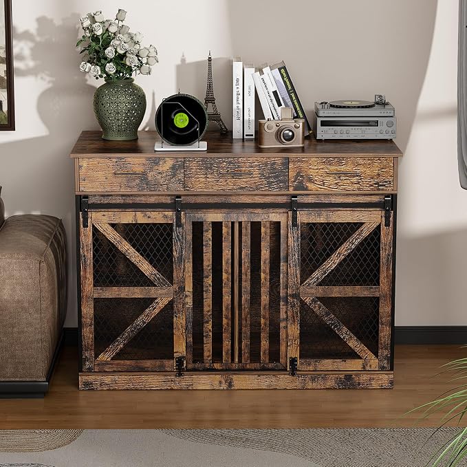 Spacesea Large Dog Crate Furniture with Sliding Barn Door, 48" Wooden Dog Kennel Indoor End Side Table for Home Decor, Removable Divider, 3 Drawers, Furniture Style Dog Crate TV Stand