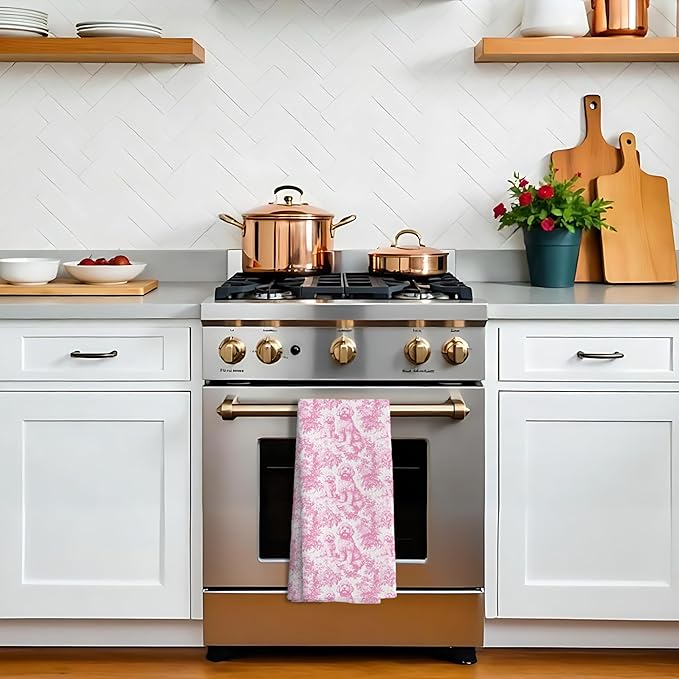 Nipi Pink Chinoiserie Golden Doodle Kitchen Towels, Pink Botanical Grandmillennial Dog Decorative Dish Tea Towels, Golden Doodle Gifts Hand Towels for Kitchen Bathroom Decor, 16x24 Inch