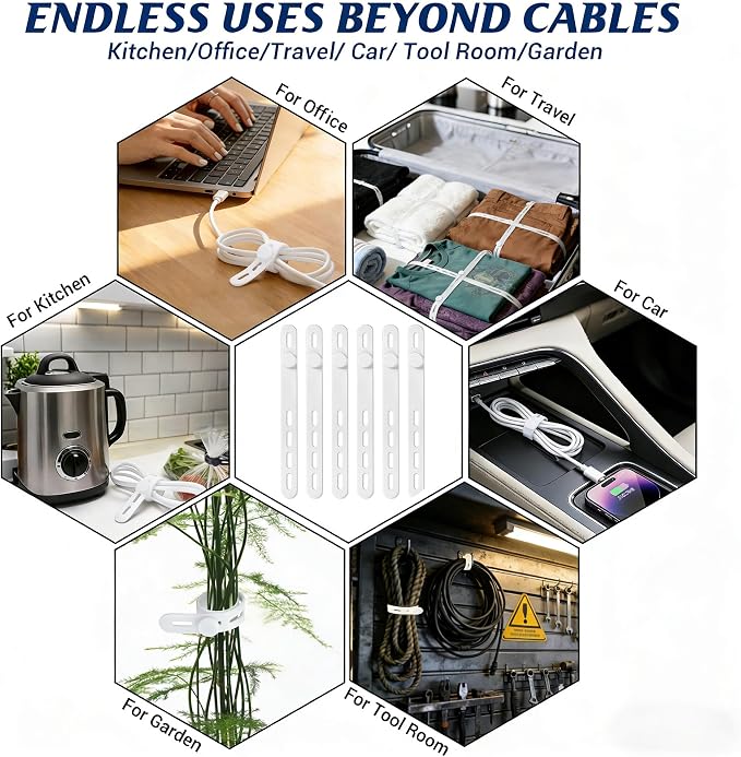 24 Pack Silicone Cable Ties, Cord Wrap for Home Office Travel Organizer | reusable, durable, adjustable, waterproof, elastic wire straps, multipurpose desk organization charger cord management holder