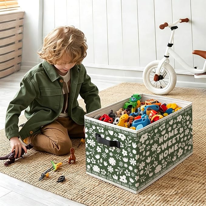 Home Sweet Home Floral Foldable Storage Bins Box with Handles, Housewarming Gifts, Cottagecore Sage Green Botanical Flower Decorative Storage Boxes Baskets Organizer for Bedroom Bathroom