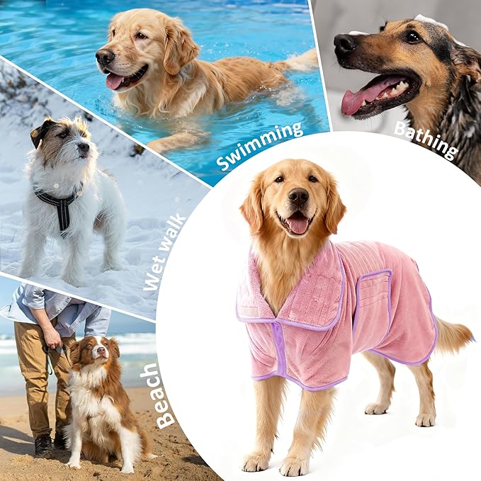 Soft Dog Bathrobe Fast Drying Dog Coat, Super Absorbent Dog Towels for After Bath, Microfiber Pet Robe Adjustable Collar & Belly Warm Keeping Dogs Coat for Pet Dogs & Cats (Pink, X-Large)