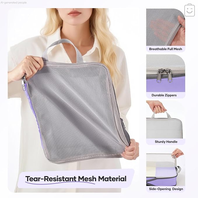 Veken 11 Set Compression Packing Cubes Garment Bags for Travel Essentials,Compressible Expandable Luggage Organizer Bags for Clothing,Space Saver Bags with Over 1000 pcs of Mesh Holes(Light Purple)