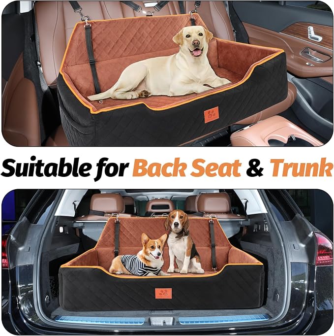 XIEEAOZEE Large Dog Car Seat for Pets Under 100 lbs, Backseat Dog Car Bed | Washable Pet Booster Seat for 2 Medium Dogs, Pet Travel Seat with Storage Pockets, Safety Belts