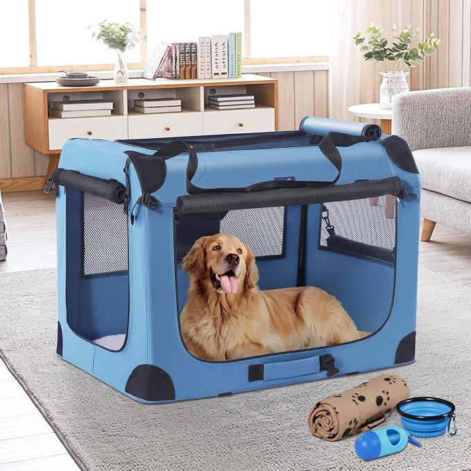 Petprsco Collapsible Dog Crate, 40 inch Portable Dog Crates for Large Dogs | Large Soft Foldable Dog Crate & Kennel for Travel, 3-Door with Sturdy Steel Frame & Durable Mesh Windows, Indoor/Outdoor