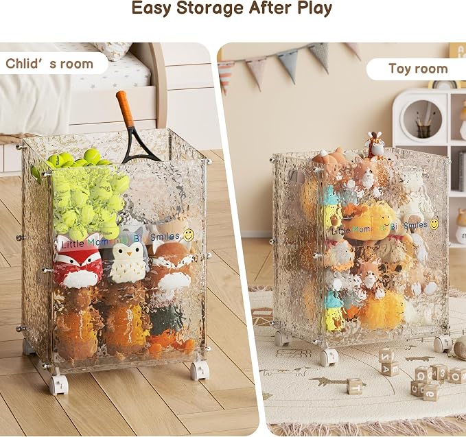 Stuffed Animal Storage Rolling Toy Organizer Bin, Large, Glacier | With Wheels, Clear Shatterproof Cart, Slim Tall Design, For Kids Playroom Nursery Bedroom, Fits Plush Toys Sports Gear
