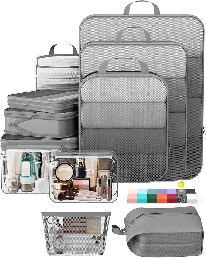 Veken 11 Set Compression Packing Cubes Garment Bags for Travel Essentials,Compressible Expandable Luggage Organizer Bags for Clothing,Space Saver Bags with Over 1000 pcs of Mesh Holes(Gray)