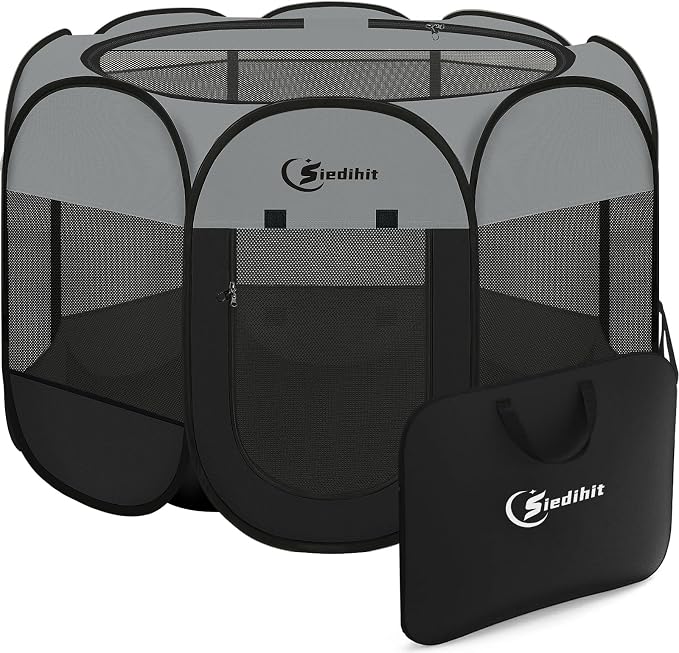 Siedihit Playpen for Extra Large Dog Cat, Dogs Tent Crate Cage | Indoor/Outdoor, Portable Pop Up Dog Kennel with Carrying Bag for Rabbits (Dark Grey, Extra Large)