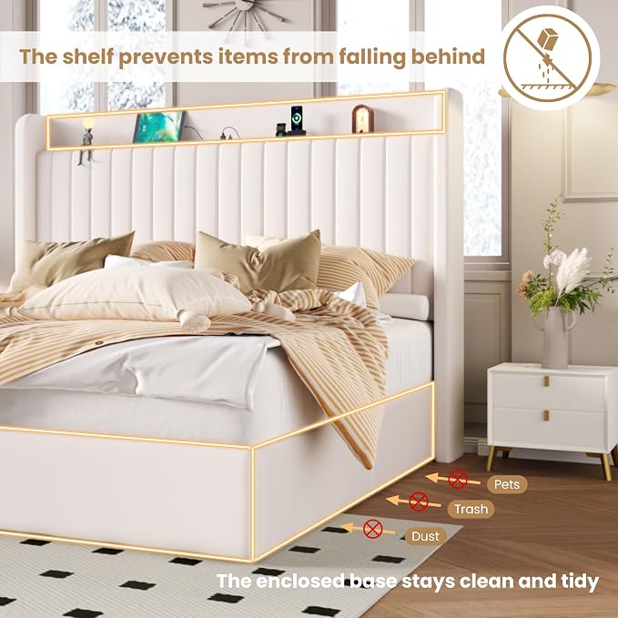 SHA CERLIN Full Size Lift Up Storage Bed Frame, Charging Station, White | Storage Headboard with Charging Station, USB, Type-C Port Velvet Hydraulic Storage Bed No Box Spring Needed Noise Free