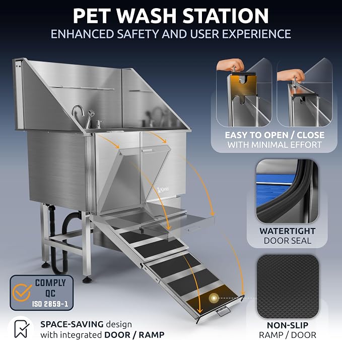 Professional Dog Washing Station 304 Stainless Steel Pet Wash Sink | Grooming Bathtub w/Shower, Floor Grates and Storage for Large, Medium & Small Pets