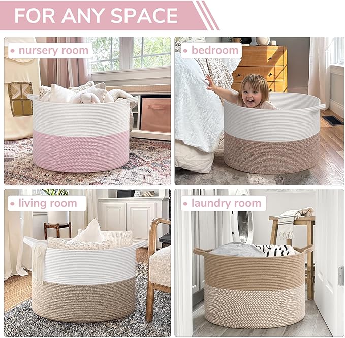 INDRESSME 115L Extra Large Pink Laundry Basket for Stuffed Animal Storage | 23.6" x 15.7" Pink room decor woven rope basket for baby luandry, kids toys pillows. For girls room & nursery, soft-touch