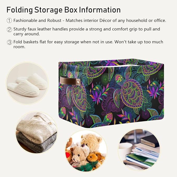 Large Storage Basket Bin Mandala Sea Turtle Storage Cube Box Foldable Canvas Fabric Collapsible Organizer with Handles for Home Office Closet