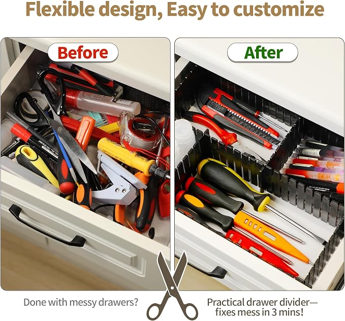 Adjustable Drawer Dividers, Cut-to-Fit DIY Organizers, Black 32 Pack | For Tidying Cutlery, Makeup, Clothes and Dresses in Drawers, Desks and Storage Boxes for Kitchen, Bathroom, Bedroom & Office