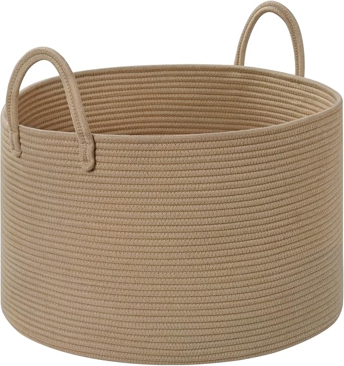 67L Large Woven Blanket Basket, Cotton Rope Baby Laundry Hamper with Handles, Kids Toy Basket for Classroom & Nursery, Soft Round Stuffed Animal Storage, Dog Toy Bin - 20"x13", Brown