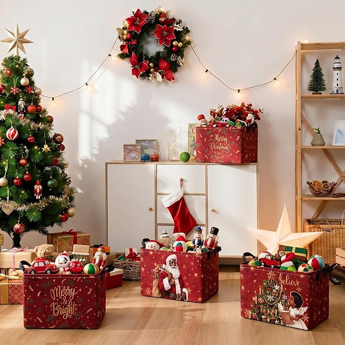 4 Pcs Christmas Storage Basket for Gifts Empty Large Black Santa Storage Bins 15 x 10 x 8 Fabric Laundry Baskets with Handle African American Collapsible Organizer Boxes for Cloth Toys Books