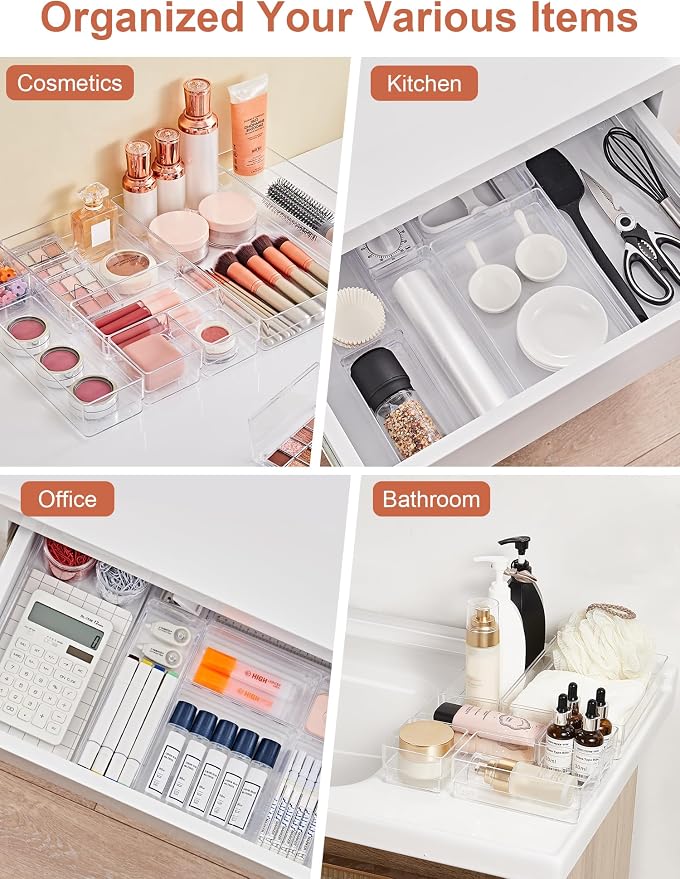 SMARTAKE 20-Piece Drawer Organizer with Non-Slip Silicone Pads, 7-Size | Desk Drawer Organizer Trays Storage Tray for Makeup, Jewelries, Utensils in Bedroom Dresser, Office and Kitchen (Clear)