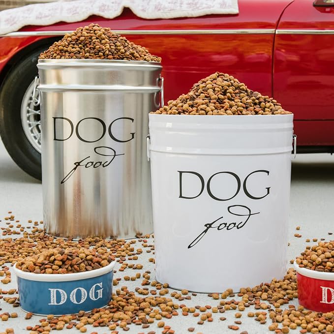 Harry Barker Classic White Dog Food Storage Canister – Medium, Airtight Stainless Steel Pet Food Container, Holds Up to 22 lbs Dry Dog Food, Kitchen Counter & Pantry Storage - White
