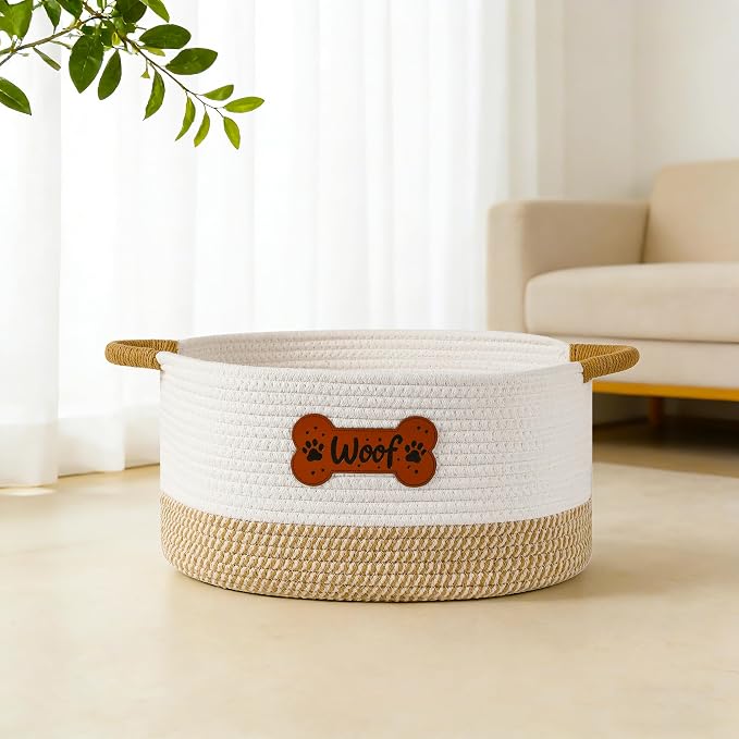Large Dog Toy Basket Box Bin, Woven Storage Baskets for Dog Cat, Cotton Rope Toys Storage Basket for Dogs Cats Bed Toys Accessories Organizer With Handles for All Pets-Puppies to Large