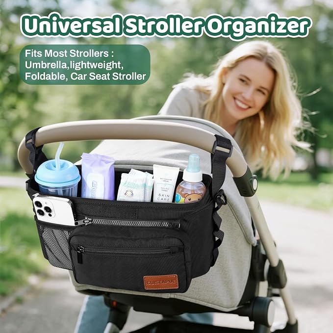Stroller Organizer with Cup Holder, Non-Slip Stroller Caddy Baby Essentials | Universal Stroller Bag Accessories with Detachable Phone Bag, Fits for Uppababy, Baby Jogger, Christmas New Moms Baby Gifts