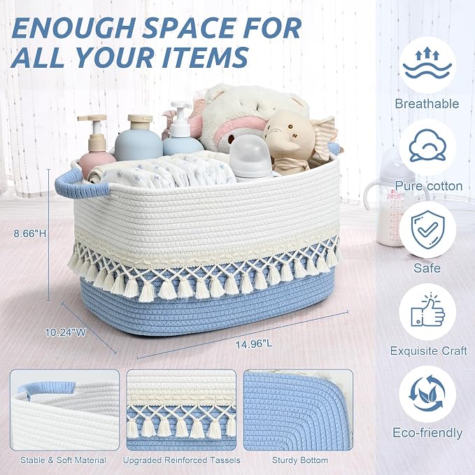 3 Pack Storage Basket for Shelves, Boho Cotton Rope Storage Bins with Heavy Tassel, Shelf Baskets Large Woven Baskets for Organizing, Cube Organizer Bins, Baby Laundry Basket for Clothes, Toys, Pets