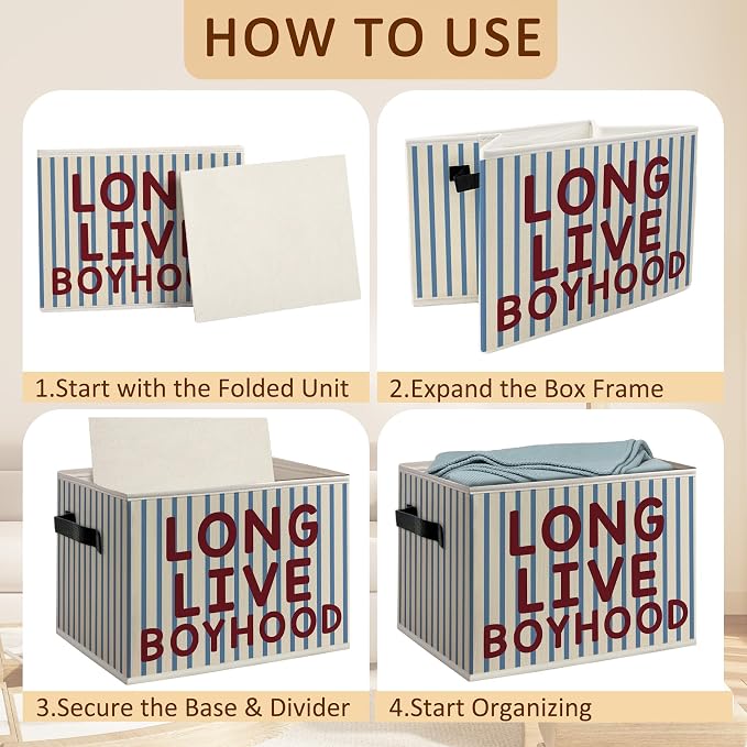 Kids Boys Nursery Foldable Storage Bins Box with Handles, Blue Striped Long Live Boyhood Decorative Storage Boxes Baskets Toybox Organizer for Kids Boys Nursery Room Bedroom Playroom