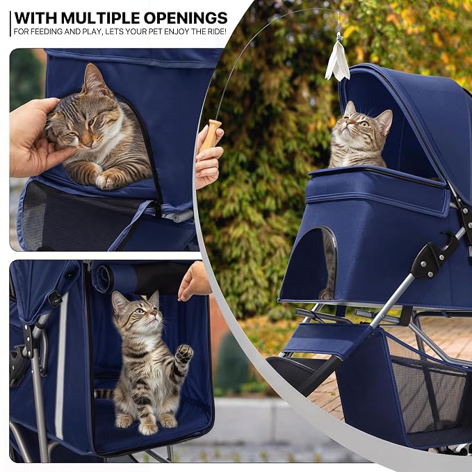 MoNiBloom Pet Stroller for Small/Medium Dogs and Cats up to 33 lbs, Blue | Foldable Dog Stroller 3 Wheels Pet Strolling Cart w/ Storage Basket Cup Holder, Breathable and Visible Mesh for All-Season