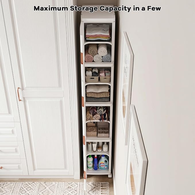 4-Tier Tall Narrow Plastic Storage Cabinet of 2, Foldable | Rolling Organizer with Lid,Doors,Stackable, Adjustable Shelves, Durable PP,Freestanding Bathroom Cabinet for Small Slim Space