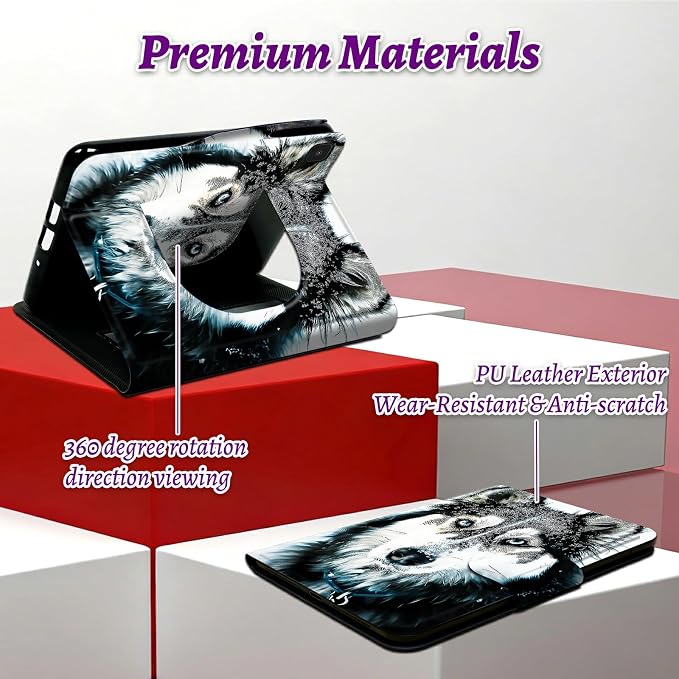 Rotating Handle Case for Samsung Galaxy Tab A 10.1" 2019 SM-T510/T515/T517, 360 Degree Swivel Kickstand with Magnetic Closure Leather Protective Cover for Women Men, Huskies in Snow