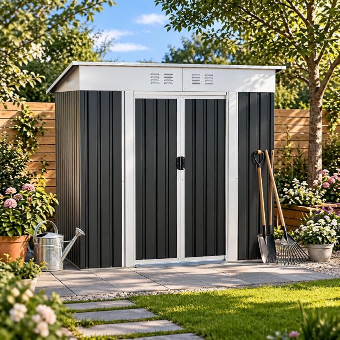 6x4 FT Outdoor Metal Garden Shed with Sliding Door, Heavy Duty Patio Storage Shed for Backyard Lawn Tools, Weather Resistant Steel Frame Utility Shed for Outdoor Storage