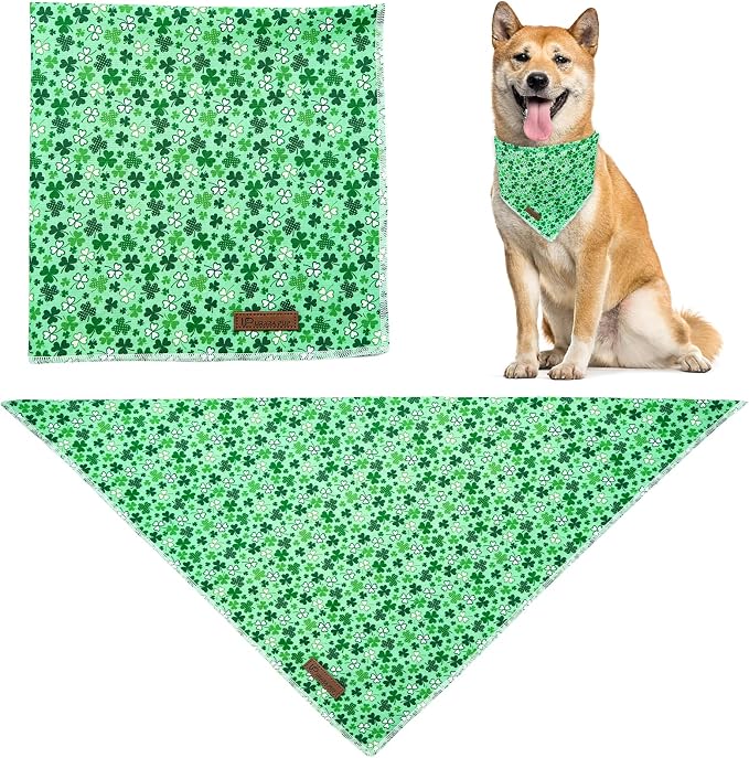 St. Patrick's Dog Bandanas, Shamrock Triangle Bid Scarf for Medium Large Girl Boy Dogs, Spring Cotton Puppy Kerchief, Green Dog Bandana