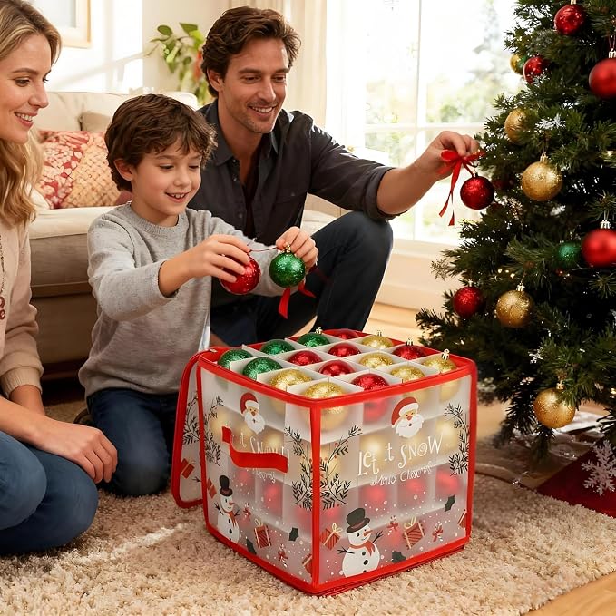 Christmas Ornament Storage Box, Christmas Ball Container with Dividers for 64 Balls, Space-Saving Holiday Decor Organizer Xmas Ornaments Box (Red)