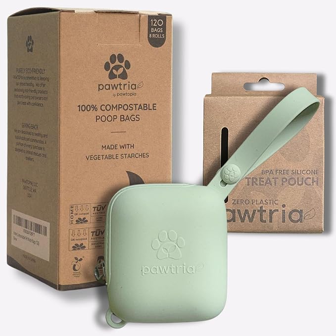 Pawtria Home Compostable Dog Poop Bag Rolls (120) + Silicone Treat Pouch | 120 Leak-Proof Poop Bags for Dogs, TÜV Austria Home Compost Certified & BPA-Free Silicone Treat Case