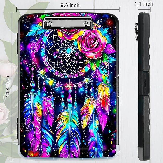 Artistic Dreamcatcher A4 Clipboard with Storage Pen Holder, Clipboards Organizer Nursing Clipboard Foldable File Folder Plastic Clipboard Folio Clip Board for Office Students Classroom