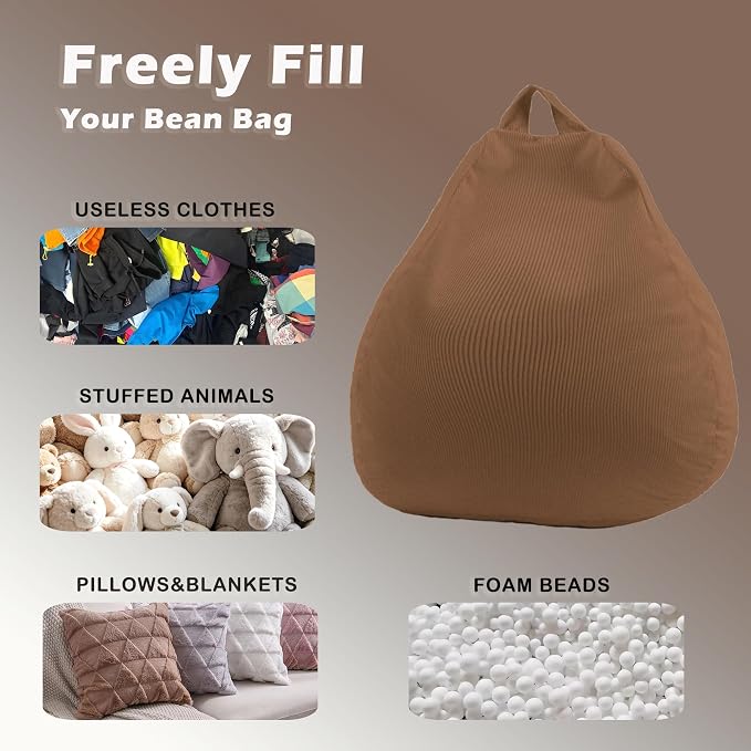 LPMOERA Stuffed Animal Storage Soft Bean Bag Chair Cover No Filler Caramel | Skin-Friendly,Portable,Wide Easy-Load Opening,Hidden Zipper,Decorative Organizer