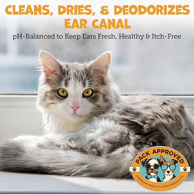 Pack Approved Cat & Dog Ear Cleaning Solution - Helps Remove Wax, Debris, and Dirt - Non-Stinging, Non-Burning Daily Use Formula - Cat & Dog Ear Wash for Itchy Ears - Cucumber Melon Scent (8oz)