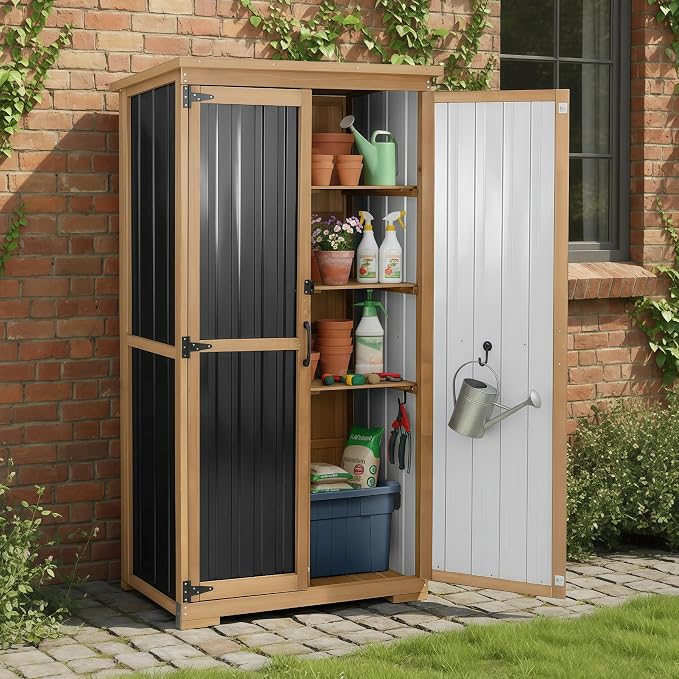 Outdoor Storage Cabinet with Shelves, Weatherproof Stylish Shed for Patio | Adjustable Shelf for Flexible Storage, Lockable Doors for Security, Raised Base, Wood & Metal, Fits Backyard, Garage & Garden
