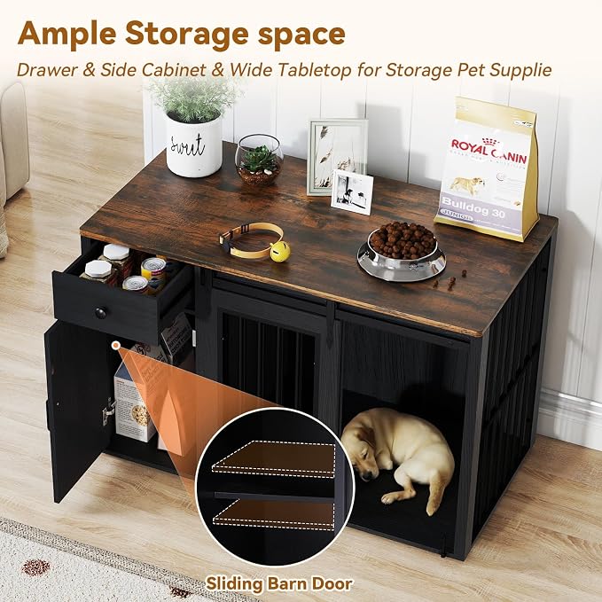 Verano Garden 44" Dog Crate Furniture, Dog Kennel (44" Left Facing Door) | 2-in-1, Lockable, Sliding Door, Removable Divider, Adjustable Shelf, Farmhouse, Heavy Duty, Small Medium Dogs, Black