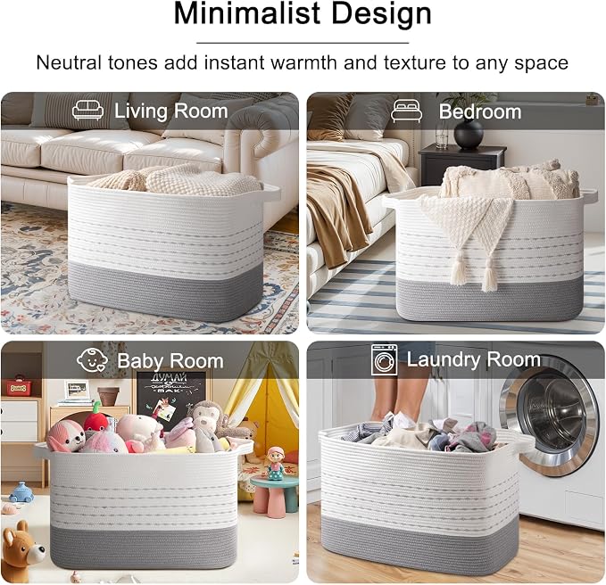 OIAHOMY 108L Extra Large Blanket Basket, 25”x16”x16” Rectangle Woven Cotton Rope Baskets for Living Room, Toy Storage with Handle- Gradient Grey