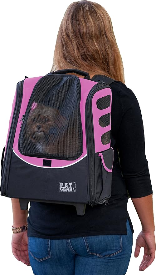 Pet Gear I-GO2 Roller Backpack, Travel Carrier, Car Seat for Cats/Dogs, Mesh Ventilation, Included Tether, Telescoping Handle, Storage Pouch, 2 Models, Available 12 Colors