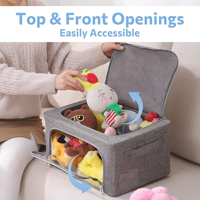 CYhom 3Pack Foldable Storage Bins - Frame Storage Box Linen Fabric Stackable Clothes Container Organizer with Clear Window & Carry Handles Large Capacity (Small-22L, Dark Gray)