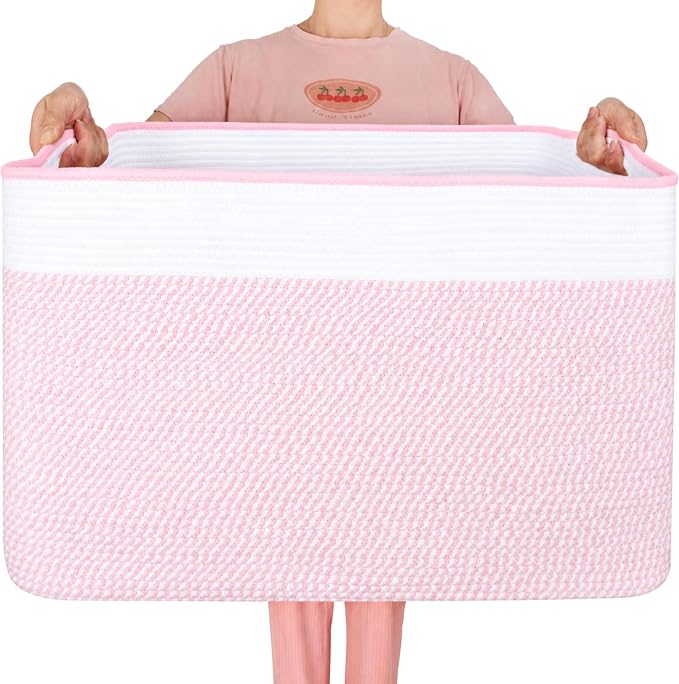 112L Extra Large Blanket Basket Holder Living Room, 25"x17"x16" Rectangle Rope Woven Storage Basket with Handles for Laundry, Towels, Shoes, Dog Toy Organizer Bin Box, Light Pink