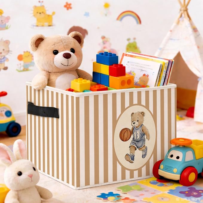 Basketball Teddy Bear Sports Foldable Fabric Storage Bin | Basketball teddy bear stripe design; foldable fabric storage bin for kids room, nursery, playroom, toys, books, clothes.