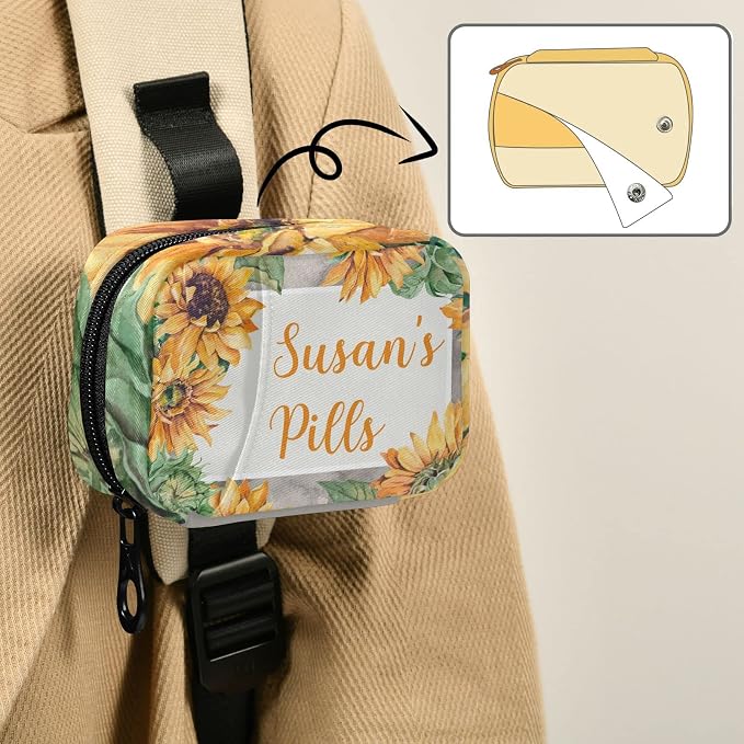 Custom Pill Box 7 Day Pill Case Bag Sunflower Personalized Name Travel Pill Organizer Bag with Zipper Portable Weekly Case Compact Size for Vitamin Supplement Holder