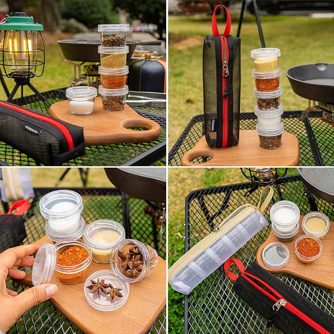 Camping Kit Travel Seasoning Container Bag with 5 Clear Bottles Outdoor Portable Organizer Jar