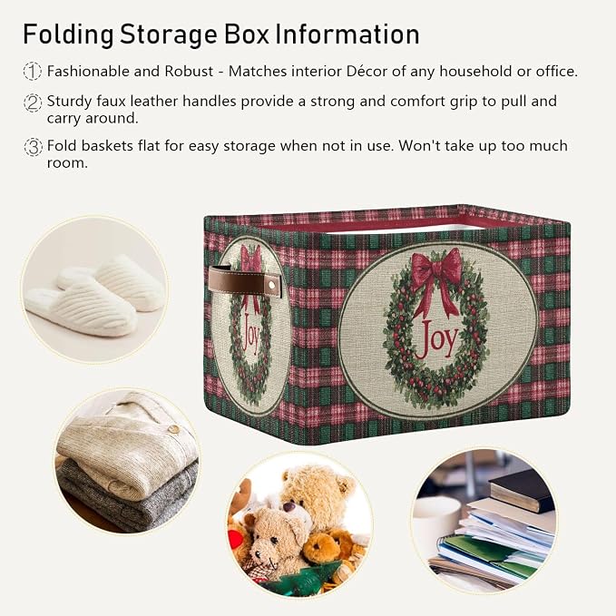 Christmas Joy Wreath Bow Knot Storage Basket with Waterproof Liner and PU Handles Winter Poinsettia Buffalo Plaid Storage Bins Boxes 14.2" Collapsible Decorative Baskets for Bedroom Office 2 Pack