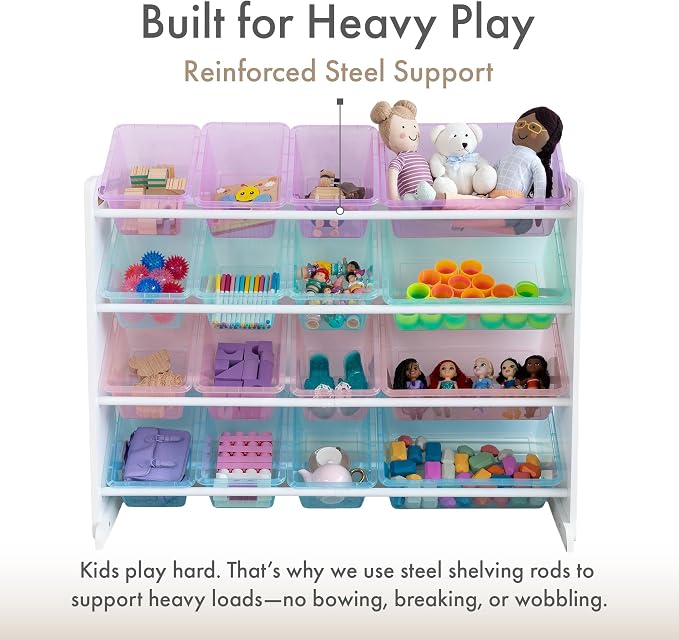 Humble Crew Kids Toy Organizer with 16 Bins, 4 Tier Storage for Playroom | Sturdy wood and steel toddler shelf, removable BPA-free containers, wall anchor anti-tip safety kit for bedroom or classroom
