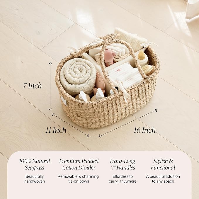 BEBE BASK Premium Baby Diaper Caddy Organizer Basket with Cotton Divider | Handmade & Award-Winner, Seagrass Caddy Basket, Newborn Essentials, Nursery Basket, Removable Divider, Baby Shower (ROSA)
