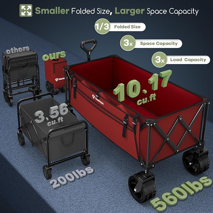 48'' Extra Large Collapsible Wagon with Big Wheels, 300L Red | 560LBS Heavy Duty, Wagons Carts Foldable, All-Terrain, Brakes, Folding Cart, Utility for Beach/Camping/Garden/Sports/Grocery