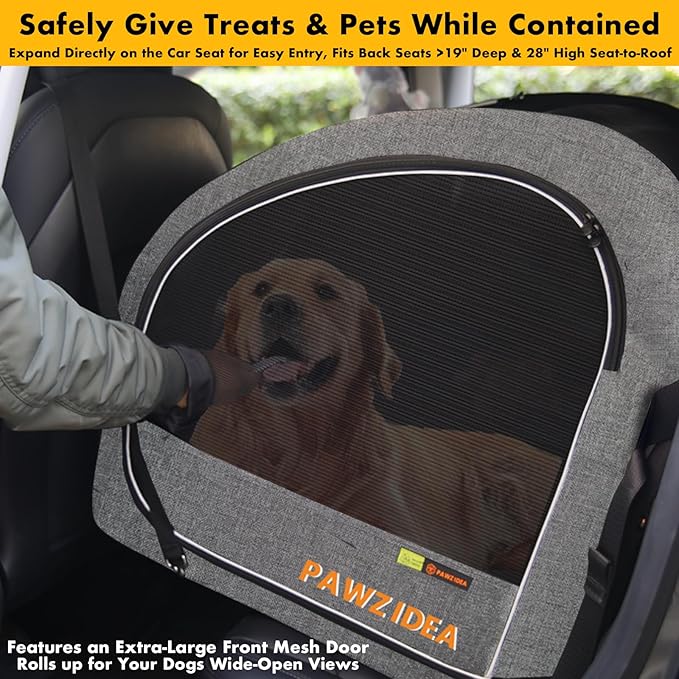 PAWZIDEA Portable Dog Crate for Car Travel, Medium & Large Dogs Up to 80lbs | Soft-Sided Dog Car Kennel for Backseat, Secures Seatbelt & Headrest Strap, Collapsible Enclosed Car Seat Carrier, Chew-Proof