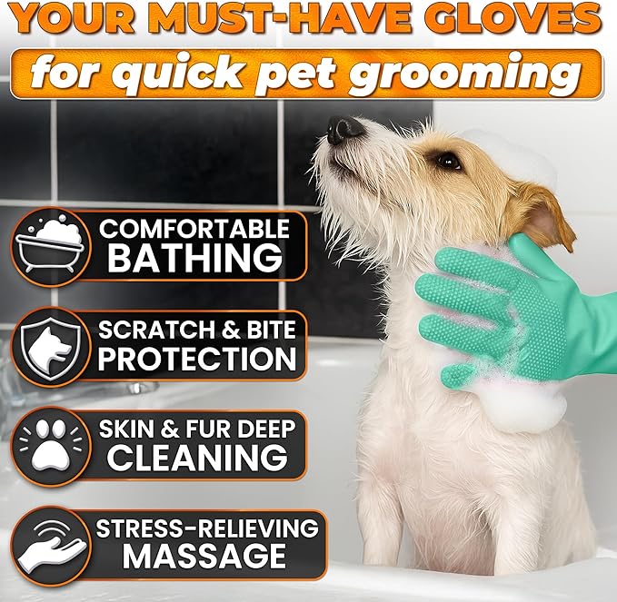 Cat & Dog Shampoo Gloves with 3000 Soft Bristles | 2-in-1 Dog Bath Gloves for Massage, Grooming & Clean Wet or Dry