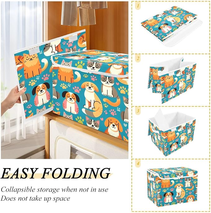 Storage Box Dogs and Cats Storage Bins with Lids, Larger Collapsible Fabric Storage Baskes with Handles for Living Room, Playroom, Bedroom, Nursery 16.5x12.6x11.8 Inch